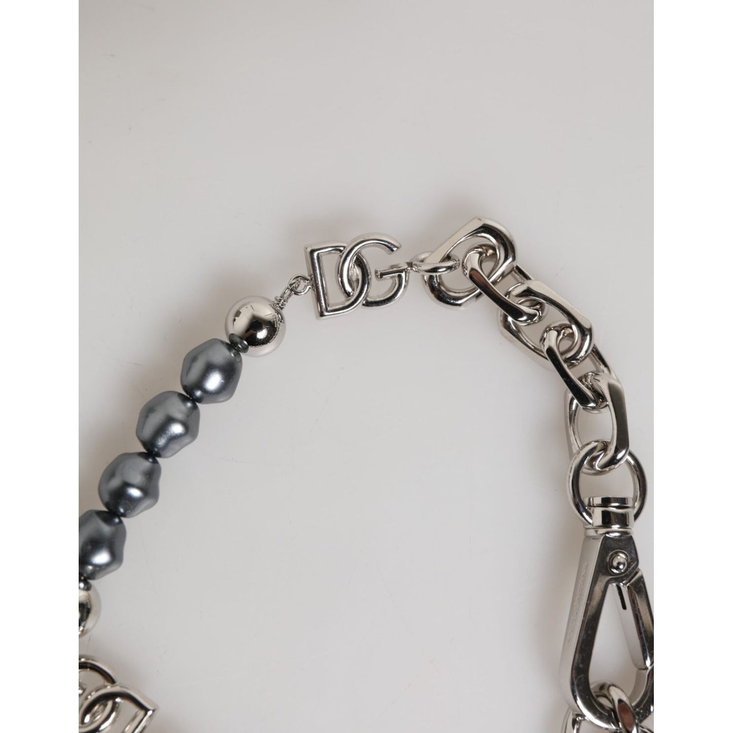 Dolce & Gabbana Silver Tone Chain Lobster Clasp Logo Gray Pearls Bracelet
