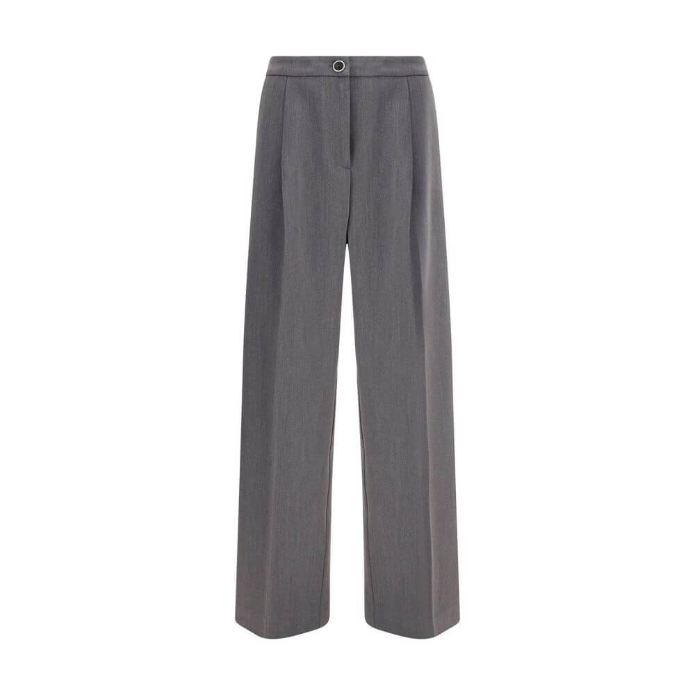 Cruna Gray Polyester Casual Pants with wide leg design, front zip, button fastening, and multiple pockets for versatile style.