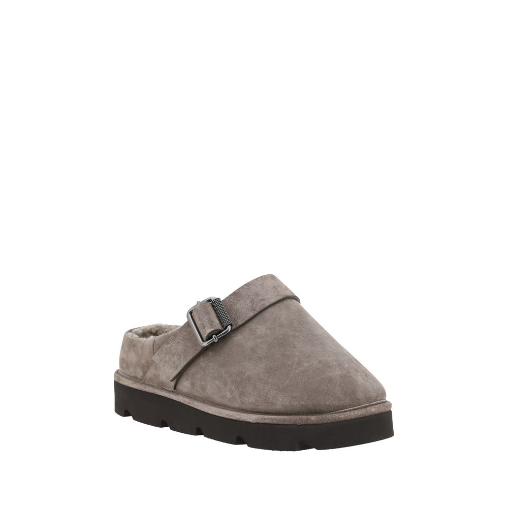 Brunello Cucinelli Gray Calf Leather Bos Taurus Clogs