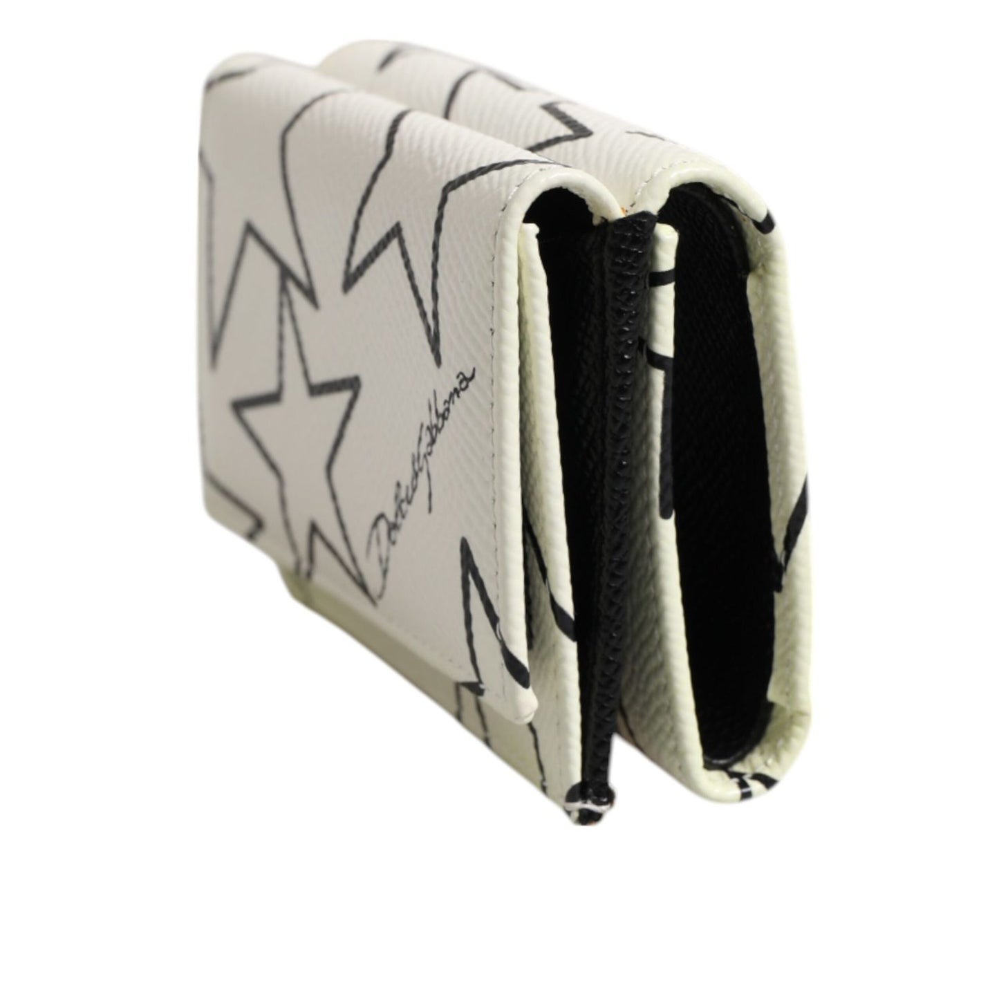 Dolce & Gabbana White Leather Trifold DG Star Print Card Holder Wallet
