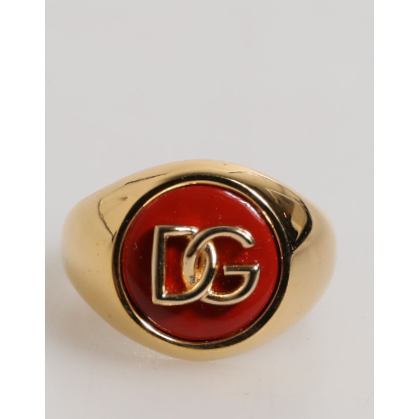Dolce & Gabbana Gold Tone Real Brass Round Red DG Logo Men Ring