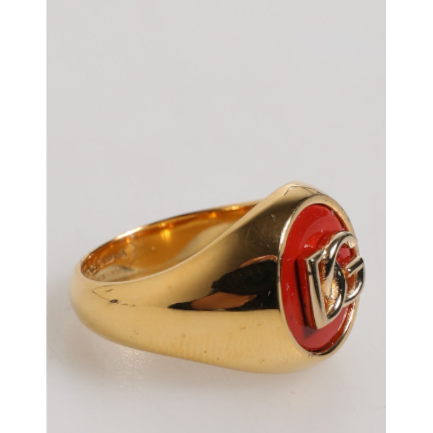 Dolce & Gabbana Gold Tone Real Brass Round Red DG Logo Men Ring