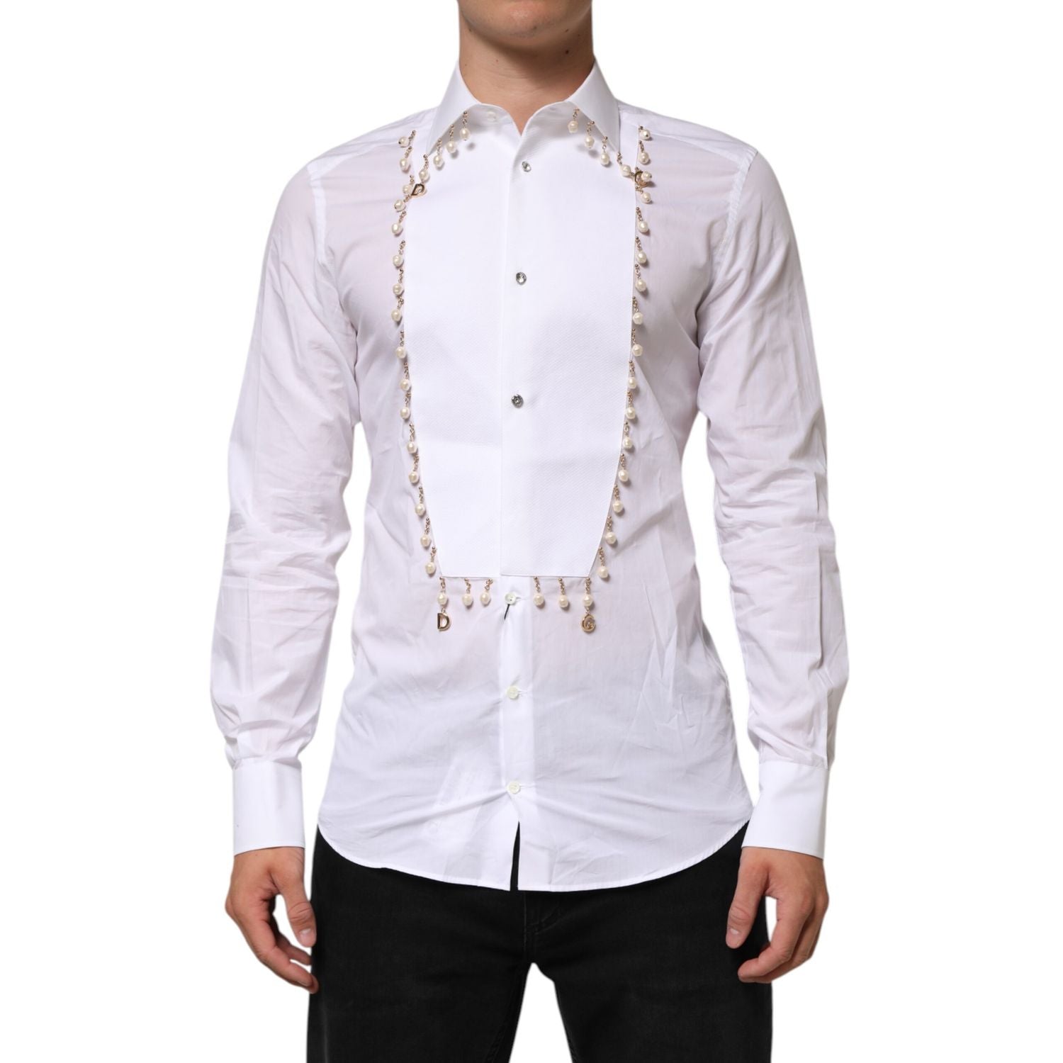 Dolce & Gabbana White Cotton DG Logo Pearl Chain Formal Shirt