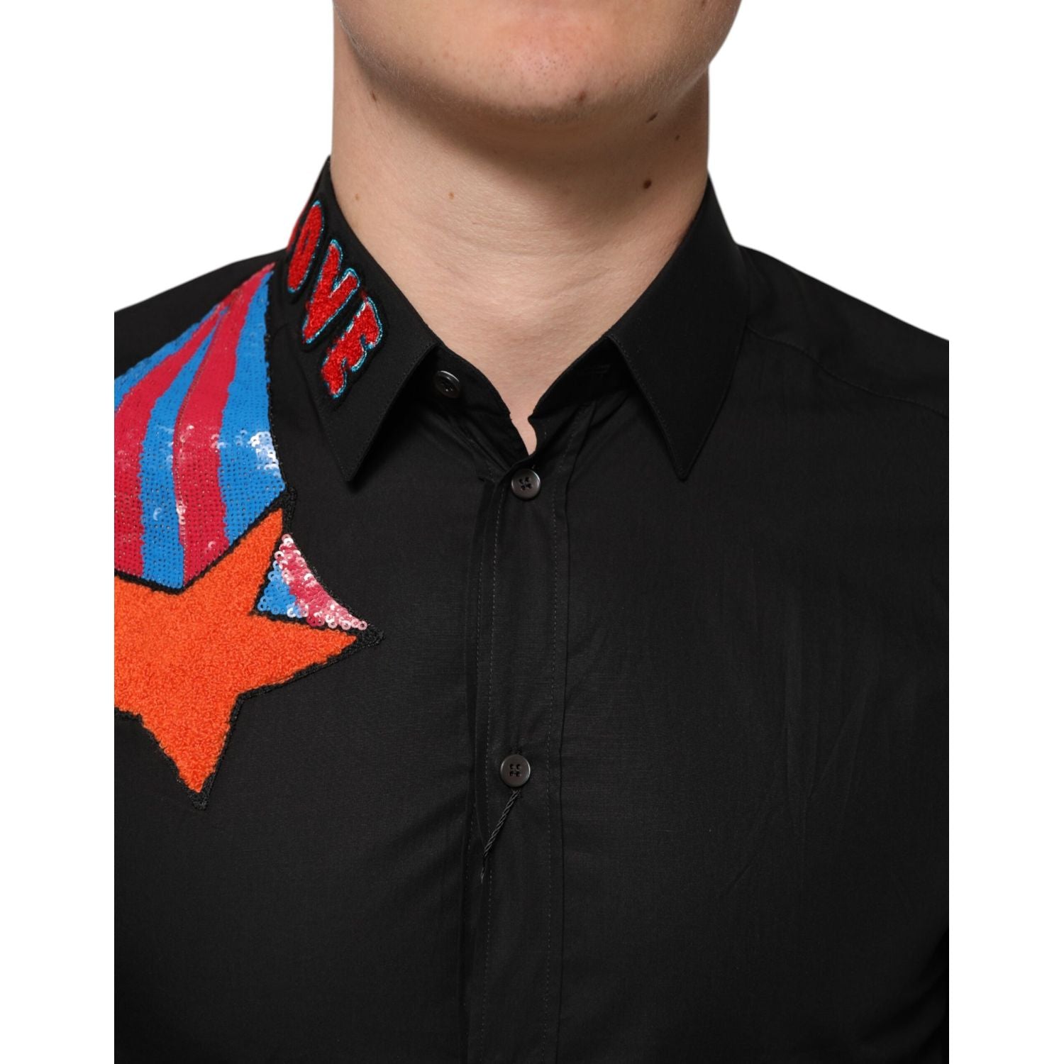 Dolce & Gabbana Black Cotton Star Sequin Dress Formal Men Shirt