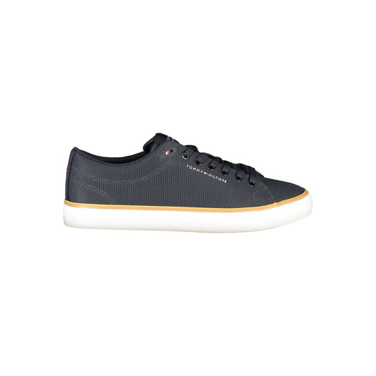 Tommy Hilfiger Blue Polyester Men Sneaker with contrasting details and signature logo, offering style and comfort for trendy fashion enthusiasts.