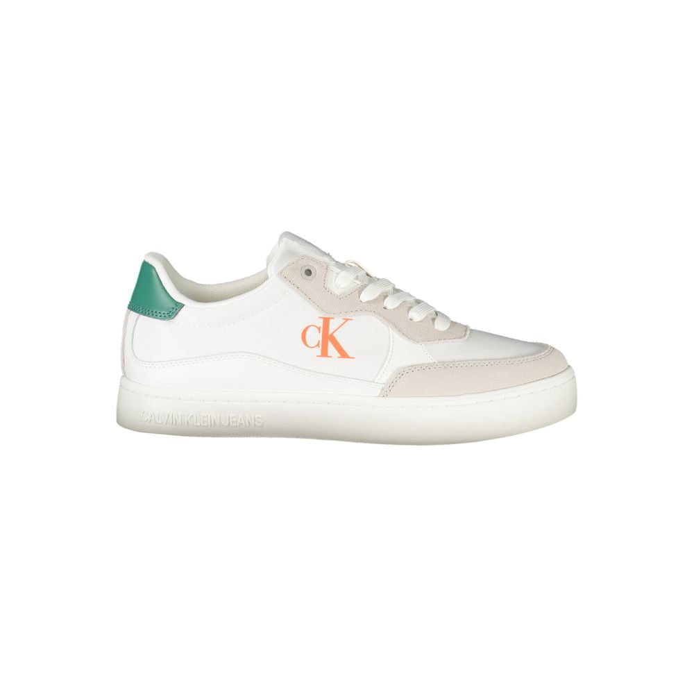 Calvin Klein White Leather Men Sneaker with bold lace-up silhouette and iconic logo print, perfect for trendsetters seeking style.