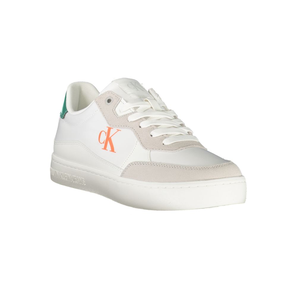 Calvin Klein White Leather Men Sneaker with bold lace-up silhouette and iconic logo, crafted for modern style and comfort.