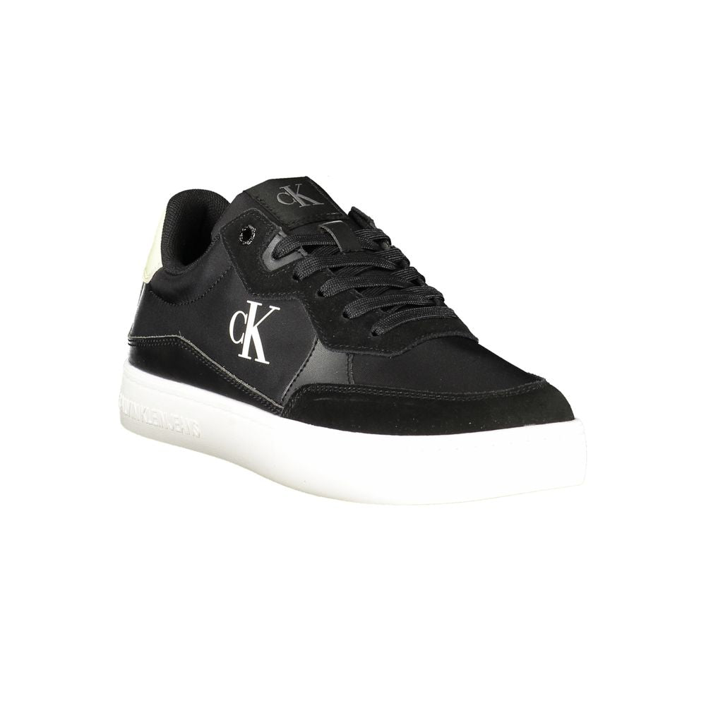 Calvin Klein Black Leather Men Sneaker with iconic CK logo on side, featuring sleek design and removable footbed for comfort.
