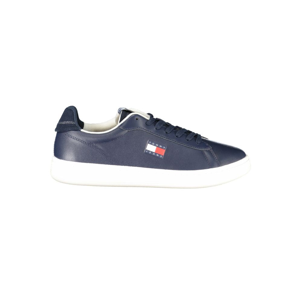 Tommy Hilfiger Blue Leather Men Sneaker with logo and white sole, showcasing sleek design and premium craftsmanship.