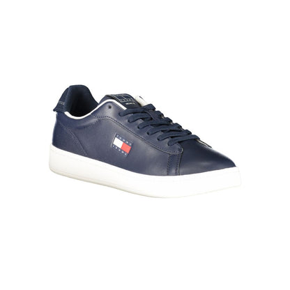 Tommy Hilfiger Blue Leather Men Sneaker with bold design and removable footbed for comfort. Premium quality and eye-catching style.