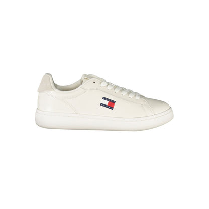 Tommy Hilfiger White Leather Women Sneaker with iconic logo, showcasing sporty luxury and style.