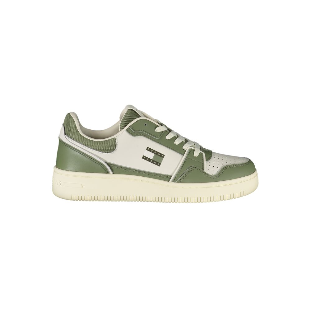 Tommy Hilfiger Green Leather Men Sneaker with white accents and lace-up design, ideal for style and comfort.