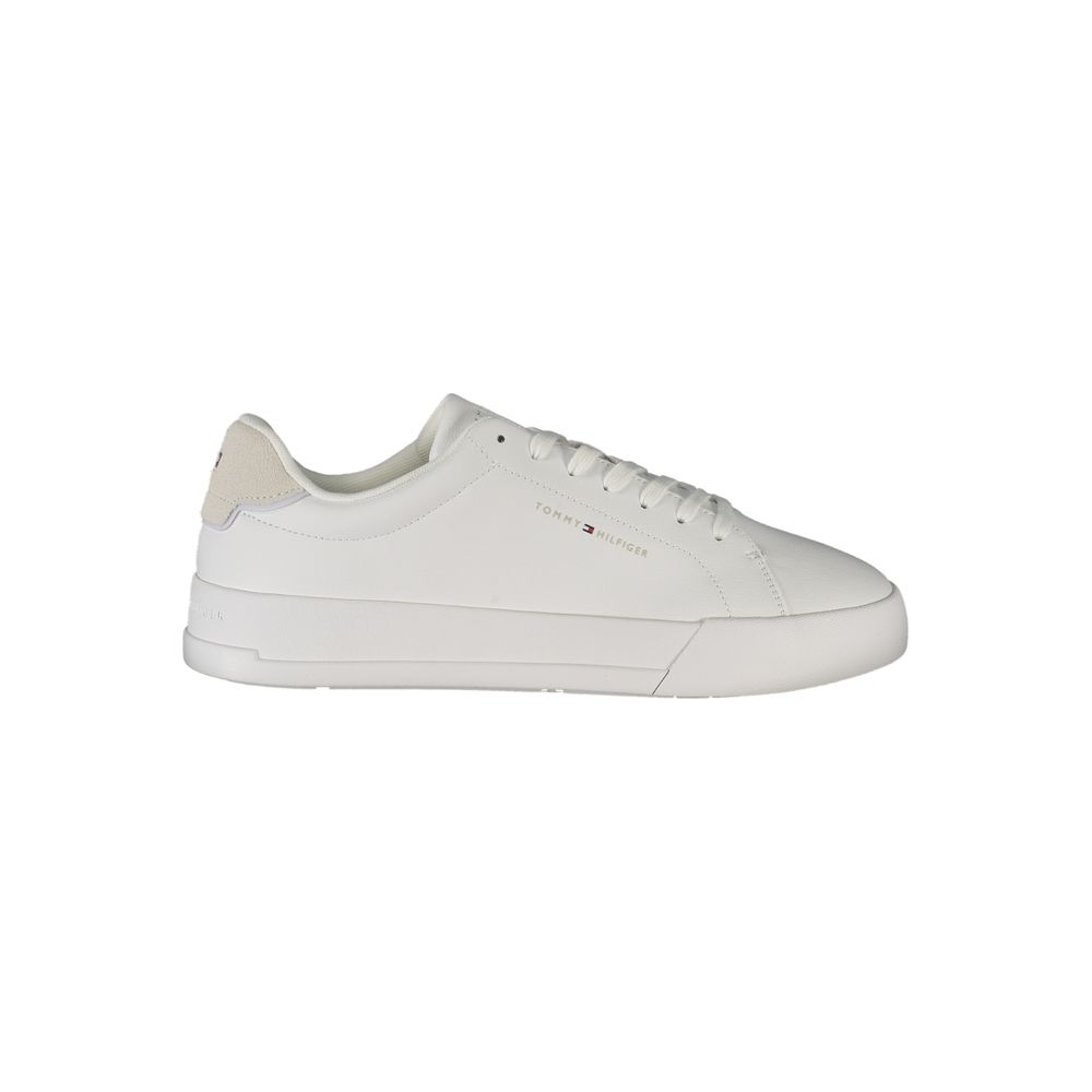 Tommy Hilfiger White Leather Men Sneaker with grey accents and logo, offering style and comfort for everyday wear.
