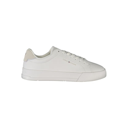 Tommy Hilfiger White Leather Men Sneaker with grey accents and logo, offering style and comfort for everyday wear.