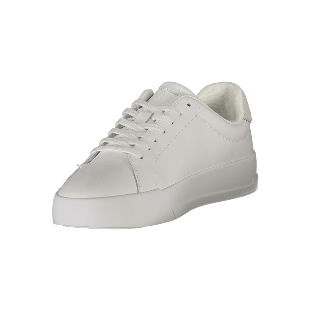 Tommy Hilfiger White Leather Men Sneaker with grey details and iconic logo, offering casual sophistication and timeless appeal.