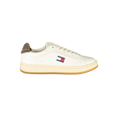 Tommy Hilfiger White Leather Women Sneaker with brown accents and logo, offering a blend of sporty style and comfort.