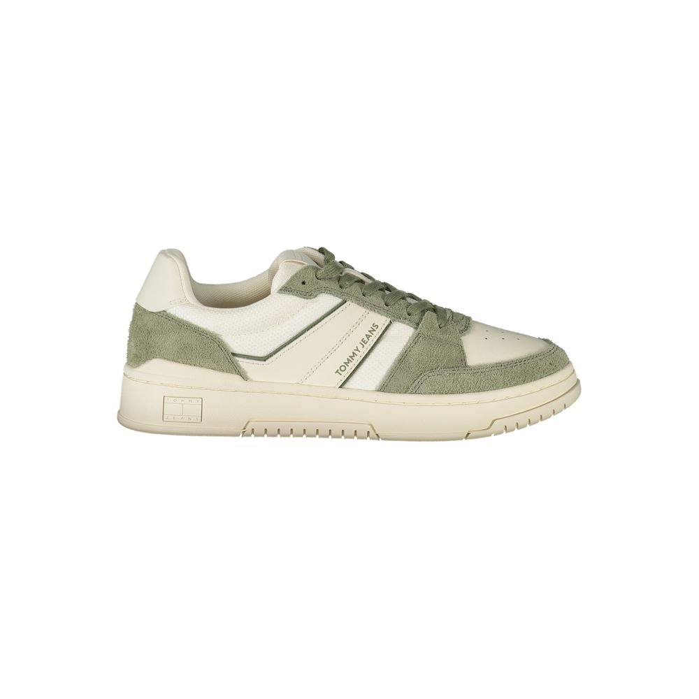 Tommy Hilfiger White Leather Men Sneaker with green accents, featuring a removable footbed for personalized comfort and style.