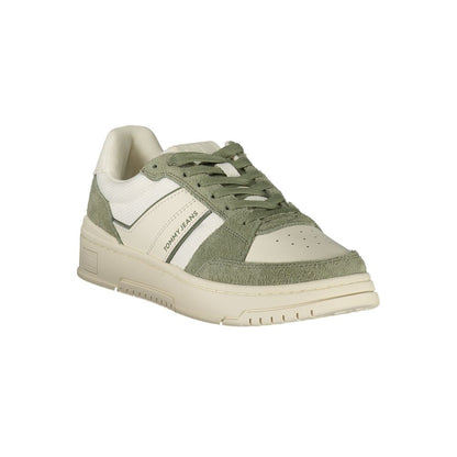 Tommy Hilfiger White Leather Men Sneaker with green accents for sporty sophistication and comfort.
