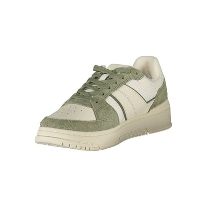 Tommy Hilfiger White Leather Men Sneaker with green accents, showcasing sporty sophistication and comfort with a stylish design.