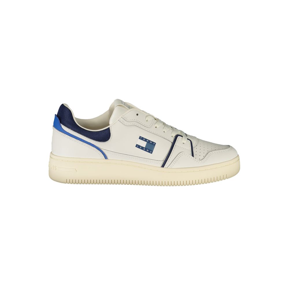 Tommy Hilfiger White Leather Men Sneaker with blue accents and logo, showcasing sporty style and comfort for chic athleticism.