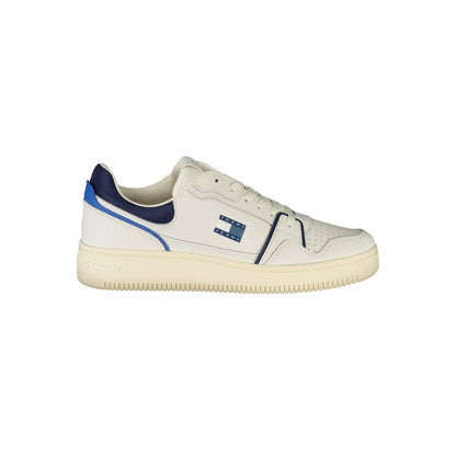 Tommy Hilfiger White Leather Men Sneaker with blue accents and logo, showcasing sporty style and comfort for chic athleticism.