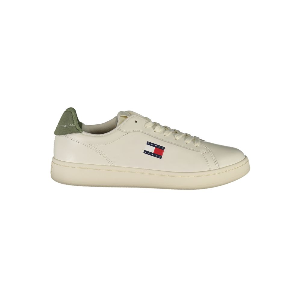 Tommy Hilfiger White Leather Men Sneaker with green accents and logo, side view