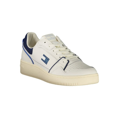 Tommy Hilfiger White Leather Men Sneaker with blue accents and iconic logo, featuring a sporty design for chic athletic style.