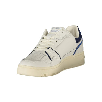 Tommy Hilfiger White Leather Men Sneaker with blue accents and iconic logo, sporty design perfect for casual outfits like jeans and shorts.