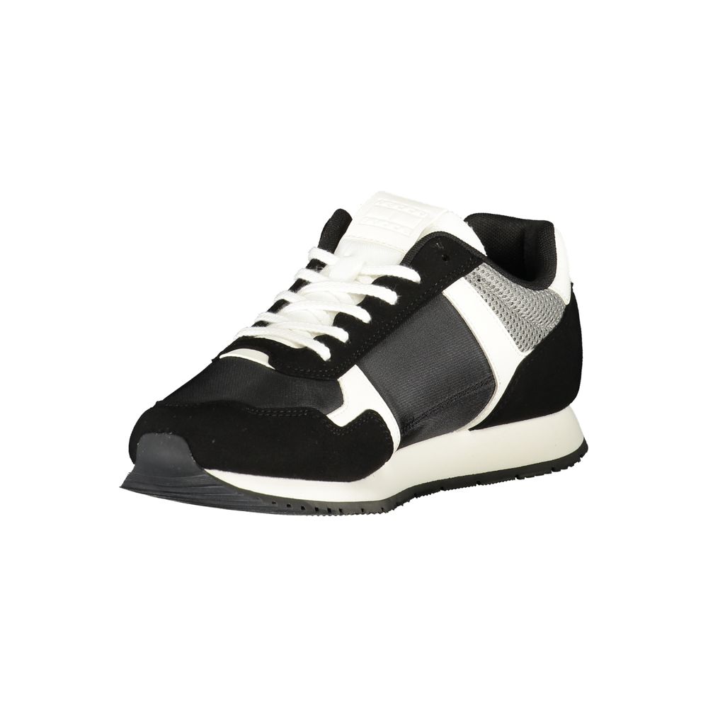 Tommy Hilfiger Black Polyester Men Sneaker with contrasting details and iconic logo, featuring a removable footbed for comfort.
