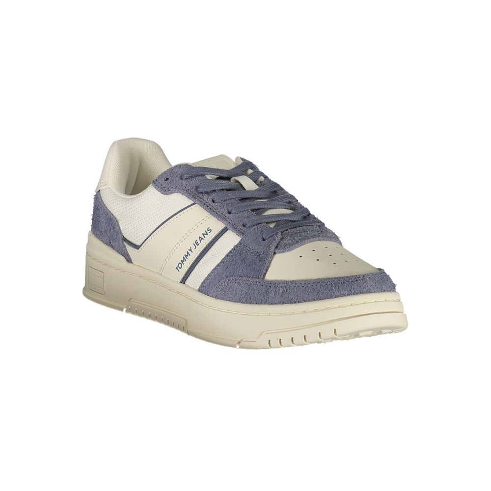 Tommy Hilfiger White Leather Men Sneaker with blue accents, featuring a removable footbed and iconic branding, viewed from the side.