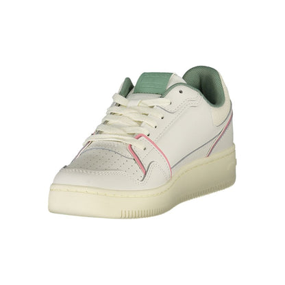 Tommy Hilfiger White Leather Women Sneaker with green and pink details, lace-up design, and iconic logo for sporty chic style.