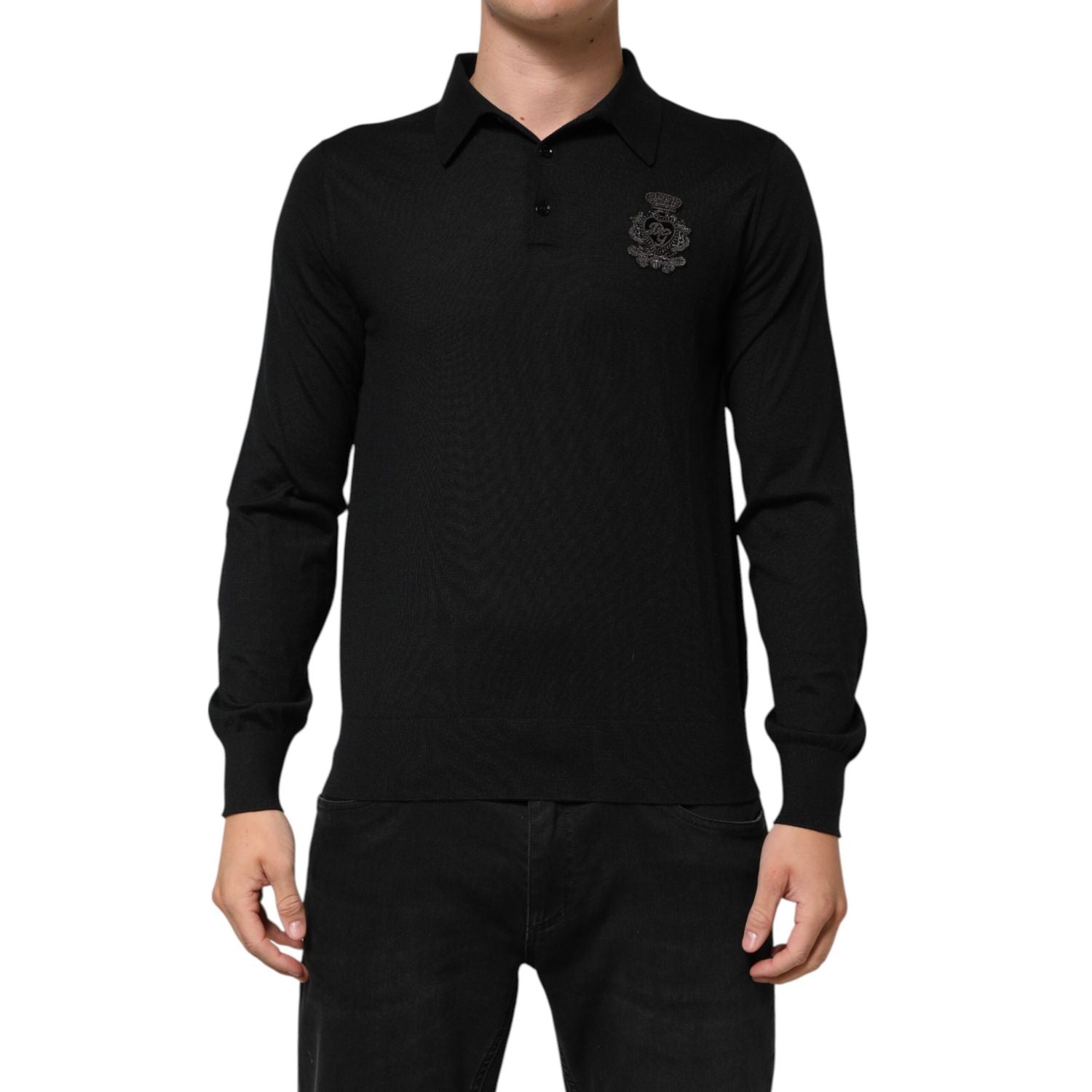 Dolce & Gabbana Black Cashmere Polo Men Longsleeves Sweater