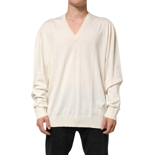 Dolce & Gabbana Ivory Virgin Wool Men V-Neck Knit Sweater