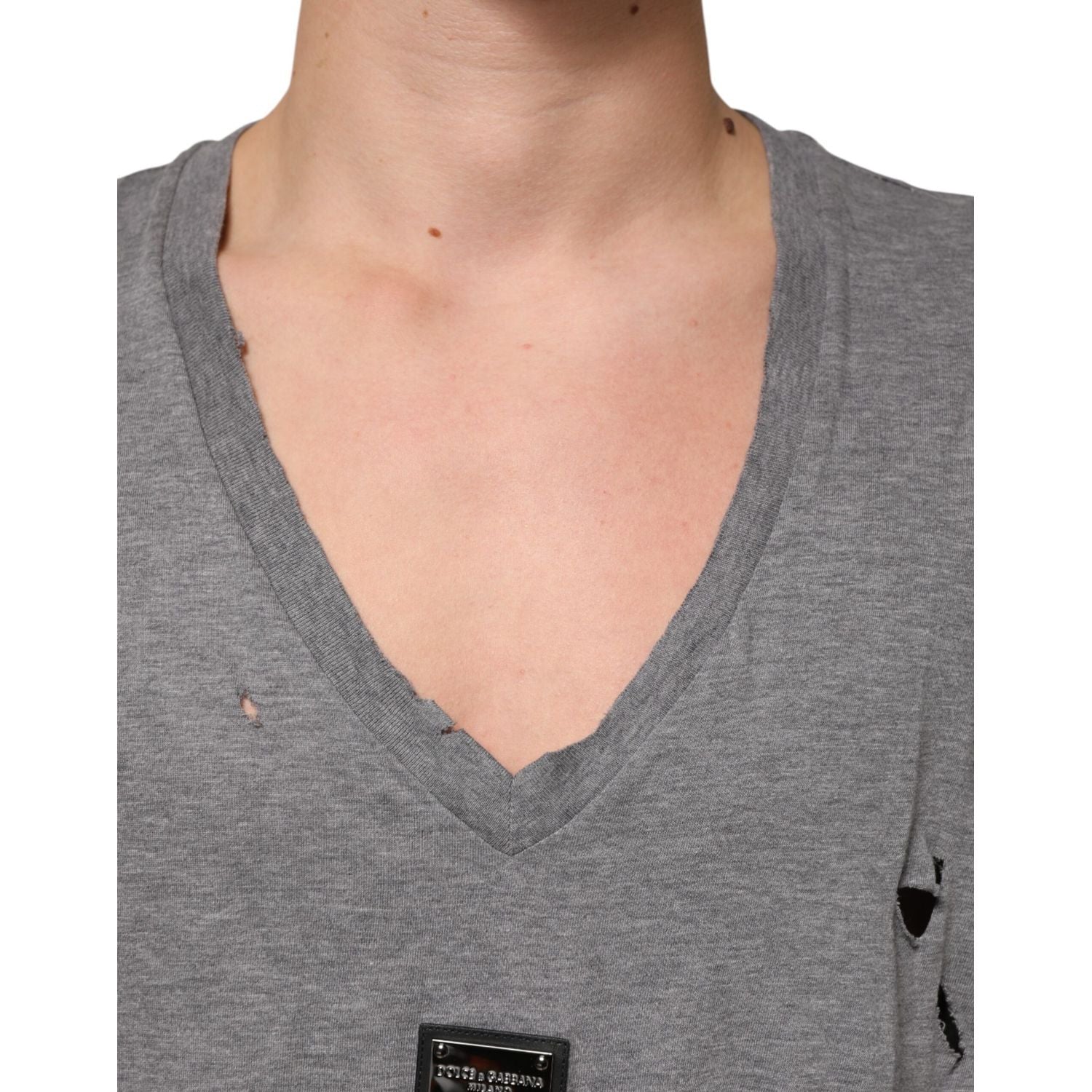 Dolce & Gabbana Gray Cotton Tattered Logo Patch Men T-shirt