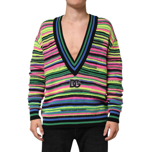 Dolce & Gabbana Multicolor DG Logo V-Neck Knit Pullover Sweater