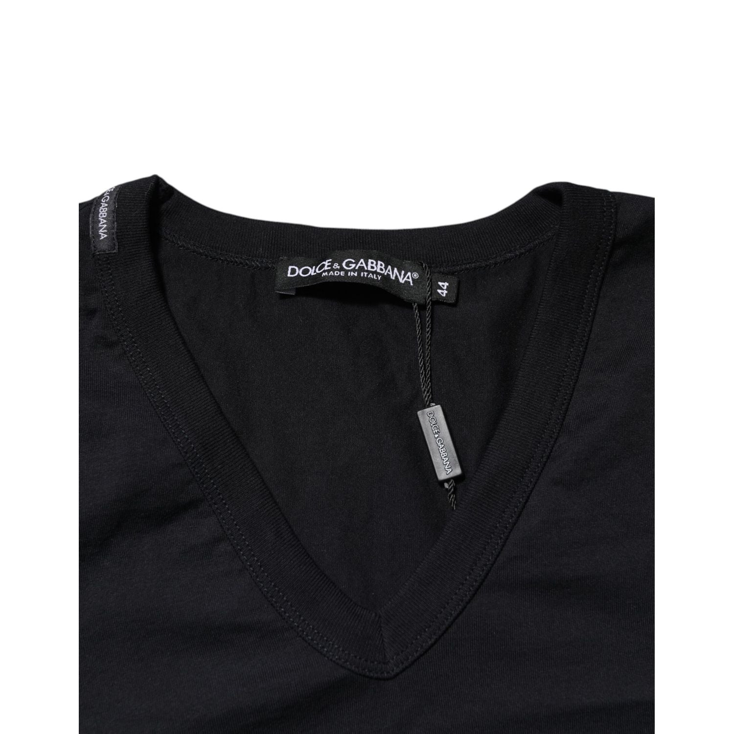 Dolce & Gabbana Black Cotton Plain V-Neck Men Shirt T-shirt