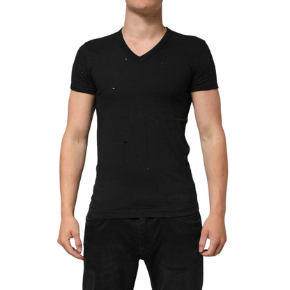 Dolce & Gabbana Black Cotton Tattered Logo V-Neck Men T-shirt