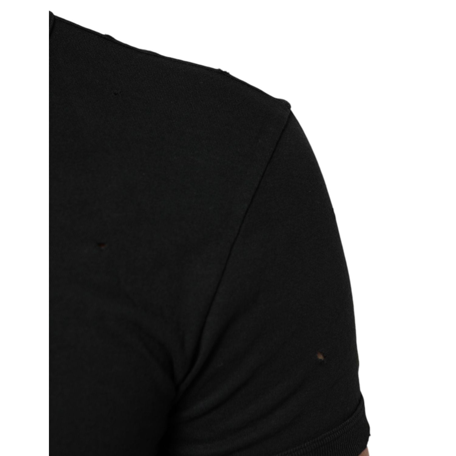 Dolce & Gabbana Black Cotton Tattered Logo V-Neck Men T-shirt