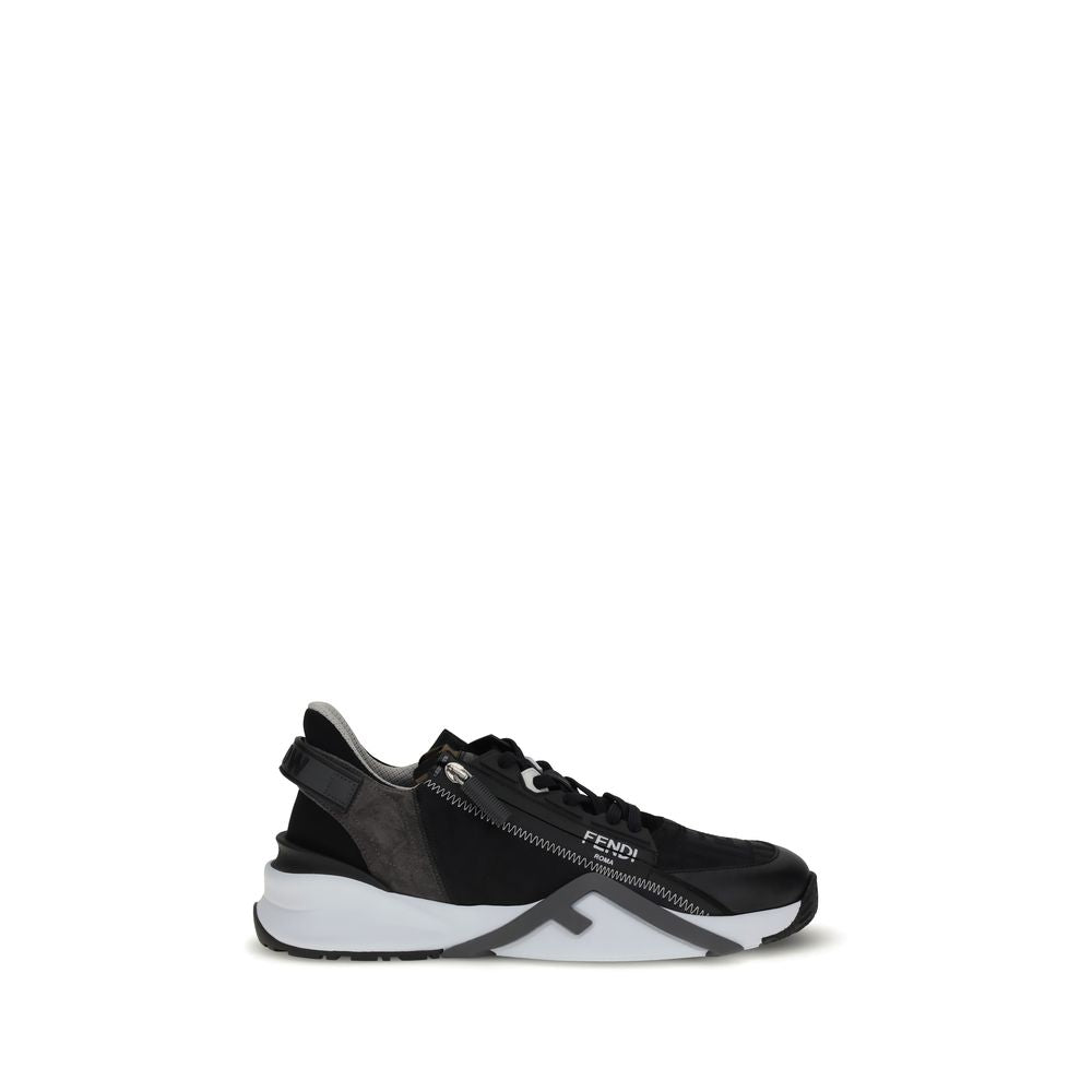 Fendi Gray Calf Leather Bos Taurus Athletic Sneakers with black FF jacquard nylon, elastic laces, and side zipper.