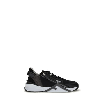Fendi Gray Calf Leather Bos Taurus Athletic Sneakers with black FF jacquard nylon, elastic laces, and side zipper.