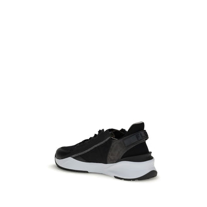 Fendi Gray Calf Leather Bos Taurus Athletic Sneakers with gray suede and FF jacquard nylon, side view showing sole design.