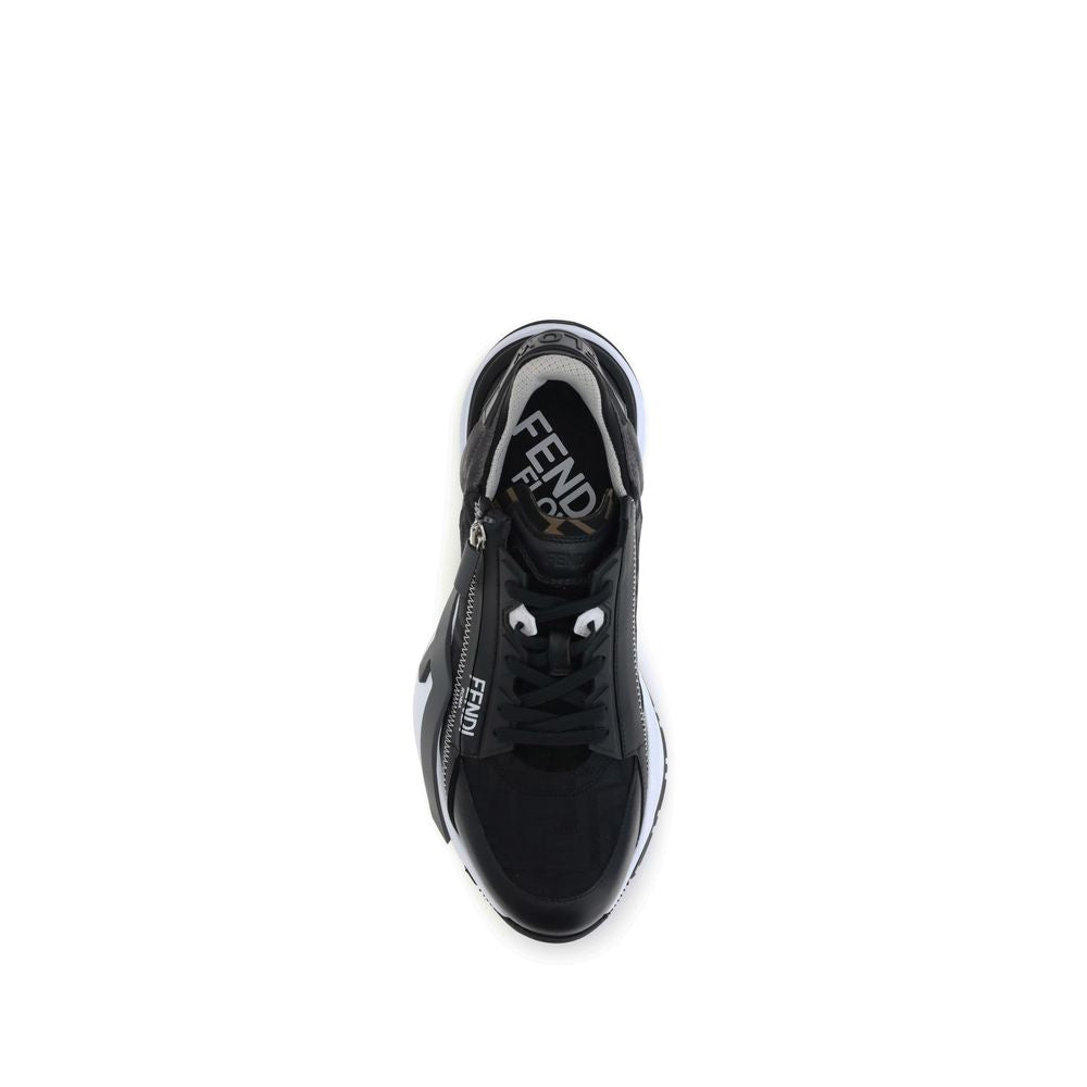 Top view of Fendi Gray Calf Leather Bos Taurus Athletic Sneakers with FF jacquard nylon and leather details.