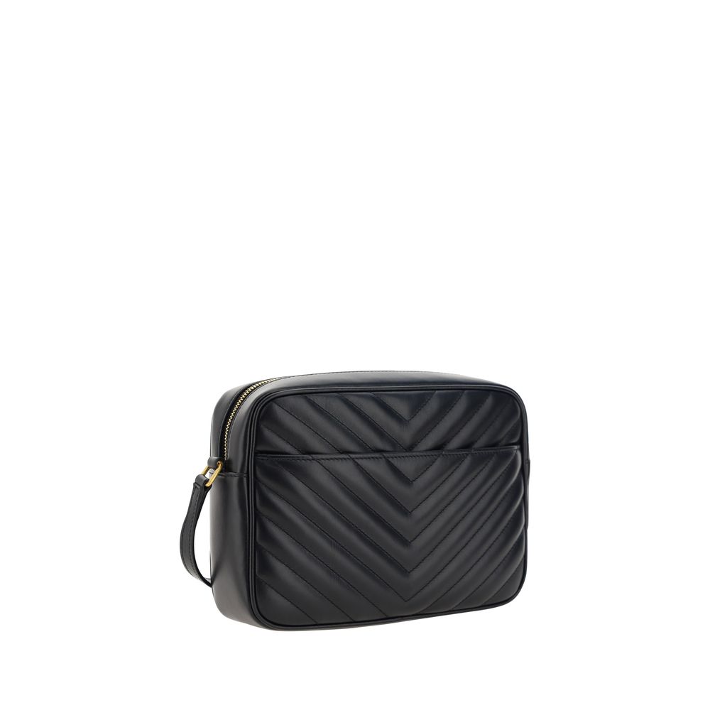 Saint Laurent Black Calf Leather Bos Taurus Shoulder Bag with quilted design and iconic brand logo, side view.