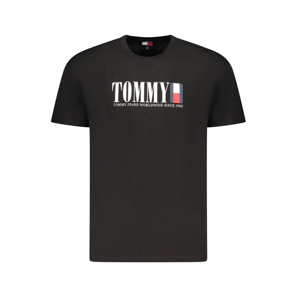 Tommy Hilfiger Black Cotton Men T-Shirt with logo print, short-sleeved, 95% regenerative cotton, stylish and casual fashion tee.