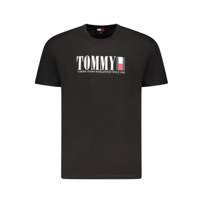 Tommy Hilfiger Black Cotton Men T-Shirt with logo print, short-sleeved, 95% regenerative cotton, stylish and casual fashion tee.
