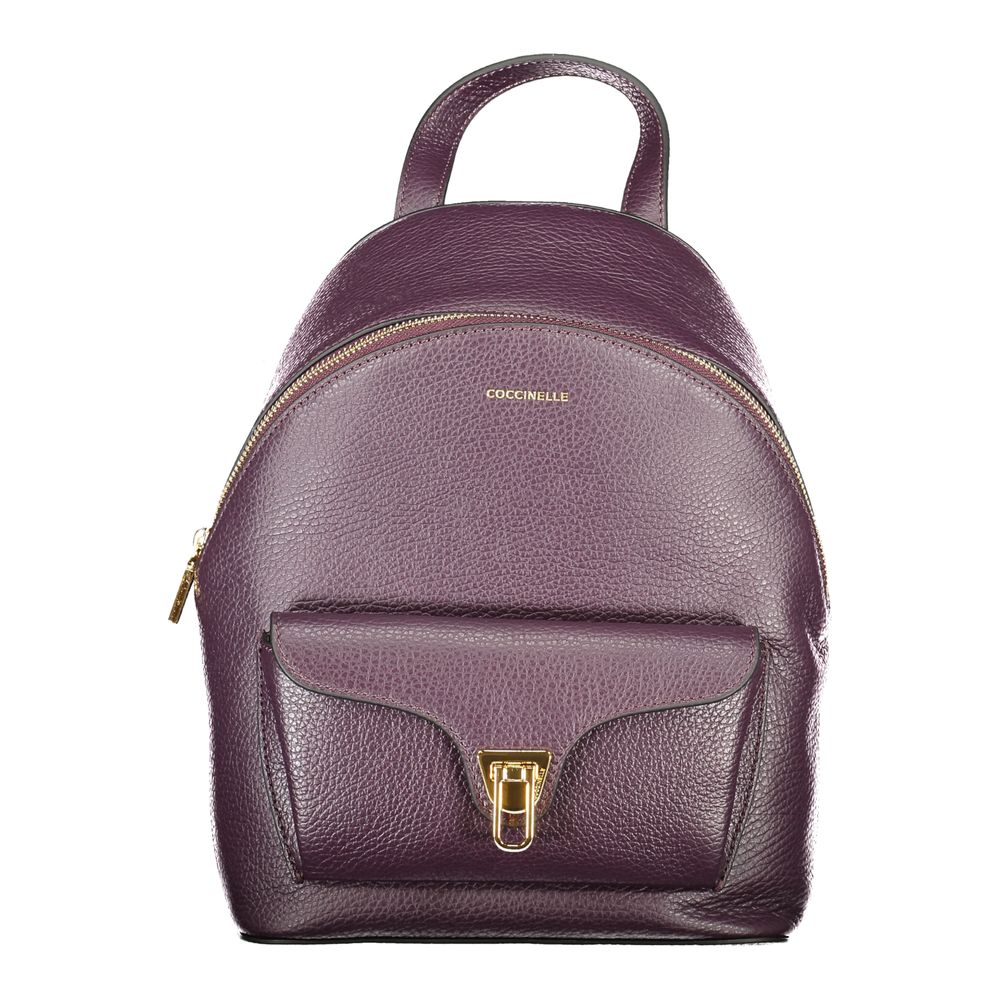 Coccinelle Purple Leather Women Backpack with external pocket and twist closure, showcasing Italian craftsmanship and luxury design.