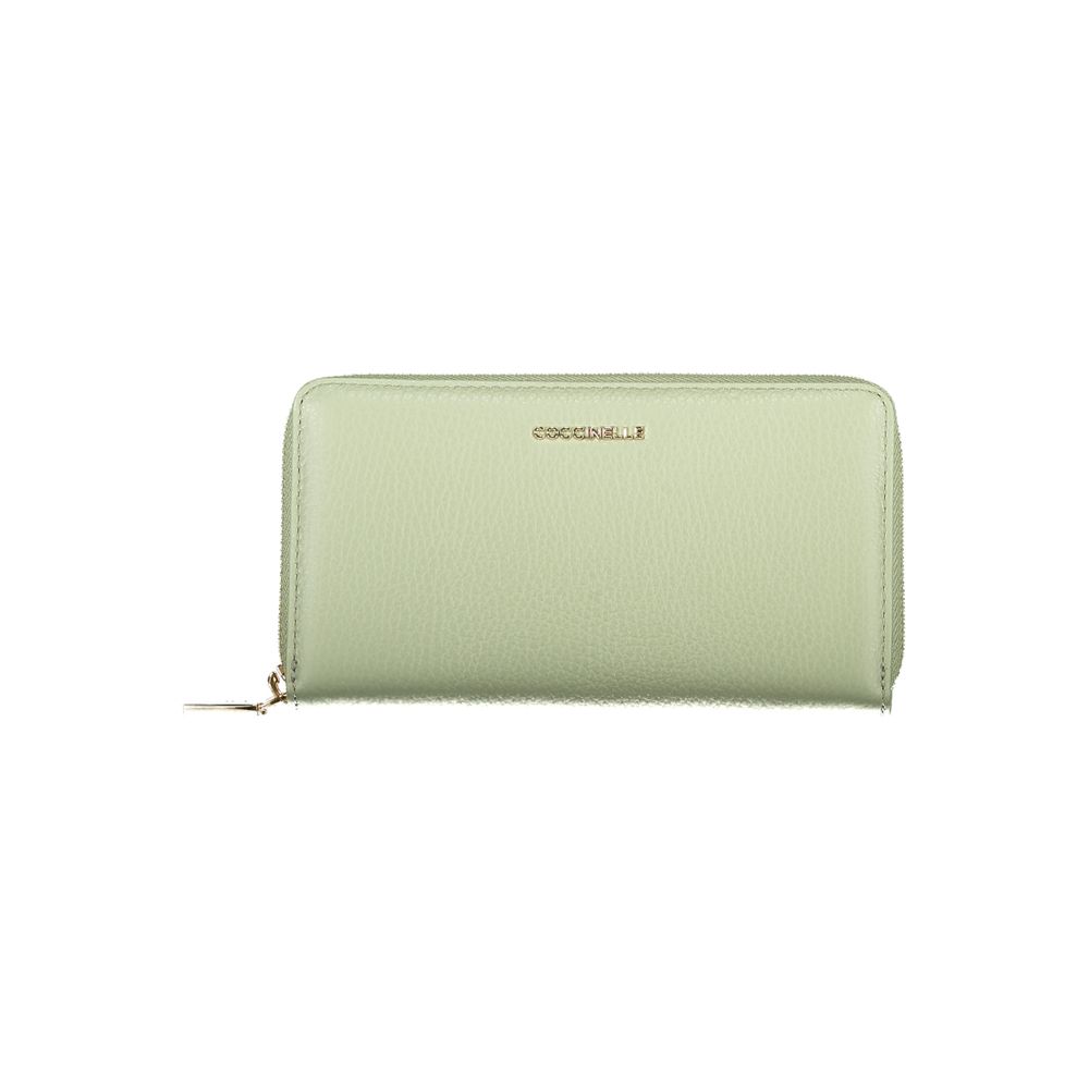 Coccinelle Green Leather Women Wallet with zip closure and logo, featuring premium shimmery leather, ideal for contemporary elegance.
