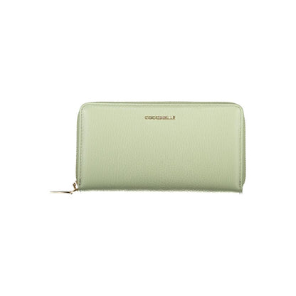 Coccinelle Green Leather Women Wallet with zip closure and logo, featuring premium shimmery leather, ideal for contemporary elegance.