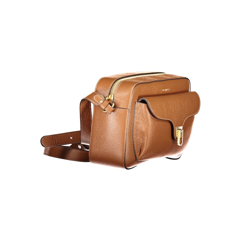 Coccinelle Brown Leather Women Handbag with adjustable strap, featuring secure twist closure and luxurious Italian craftsmanship.