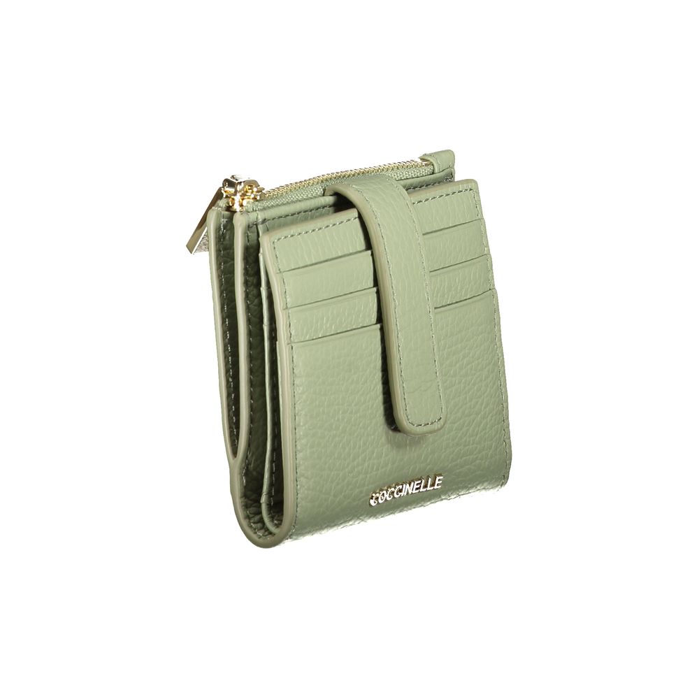 Coccinelle Green Leather Women Wallet showcasing elegant Italian craftsmanship with a triple cardholder, coin purse, and secure closures.